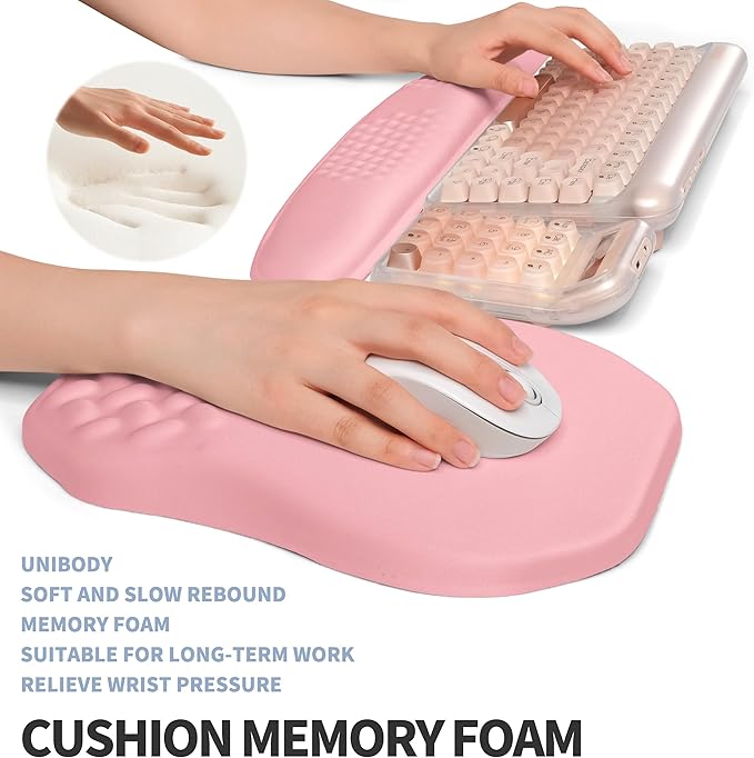 2-in-1 Ergonomic Set, Wave Keyboard Wrist Rest and Massage Slope Mouse Pad Wrist Support, Rebound Memory Foam for Relieve Carpal Tunnel Syndrome and Wrist Pain (Pink)