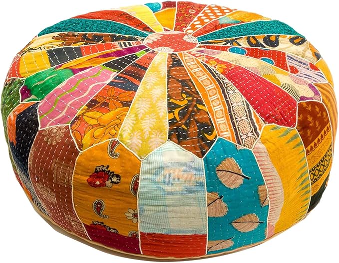 Mandala Life ART Indian Vintage Colorful Pouf Ottoman Cover Handmade Round Floor Cushion Pillow Patchwrok Recycled Cotton Bohemian Room Décor for Yoga and Boho Chic Seating Area 24x8 Unstuffed