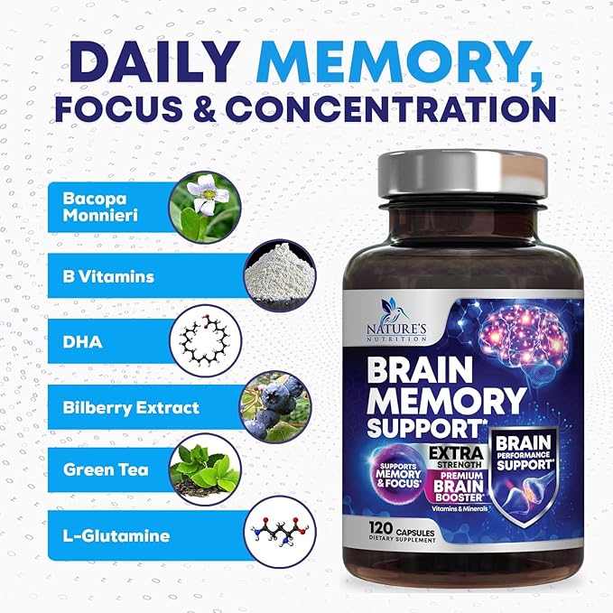 Brain Memory Supplement Pills - Nootropics Support for Concentration, Clarity, Alertness & Focus - Brain Health with Bacopa, Cognitive Vitamins, Phosphatidylserine, DMAE - Brain Booster - 120 Capsules