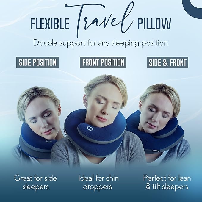 BCOZZY Travel Neck Pillow for Airplane– Patented Double Support for Head, Neck, and Chin. Best for Long Flights, Plane Sleeping, and Car Rides. Adjustable Size. Fully Washable. Carry Bag. Large, Nude