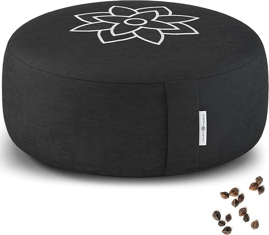 Mindful & Modern Large Meditation Cushion | Zafu Yoga Bolster Meditation Floor Pillow Seat | Buckwheat Hull Filled Crescent Shaped Cushion with Removable Washable Cover + Carry Handle