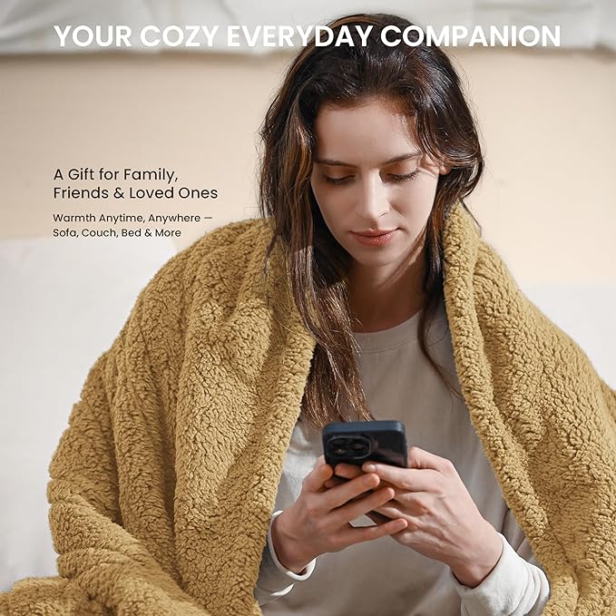 Electric Heated Blanket Queen 84x90 inches, Fast Heating w/ 10 Heat Settings & 2/4/8/10H Auto Timer, Double-Sided Sherpa, Ultra Soft & Cozy for Couch, Bed, Office, Machine Washable, Camel