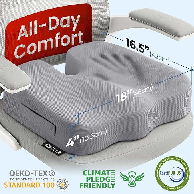 5 STARS UNITED Seat Cushion for Tailbone Pain Relief – Large Memory Foam Lifting Pillow for Coccyx, Hip, Sciatica & Post-Surgery Recovery – Wheelchair, Car, Desk, Gaming & Office Chairs, Light Gray