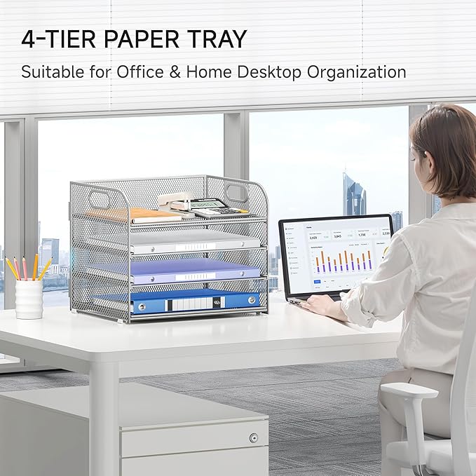 Lavatino 4-Tier Paper Organizer Trays - Silver Mesh File Folder Sorter with Handles, Desk Letter Holder Organizer for Office, Home, School Supplies Storage & Organization