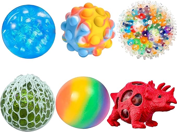 6 Pack Stress Balls, Vent Dinosaur Fidget Mesh Squishy Stress Relief Toys for Adults Anxiety Sensory Squeeze Pop Colorful Basket Stuffers Classroom Student Rewards Carnival Prizes Birthday Goody Bag