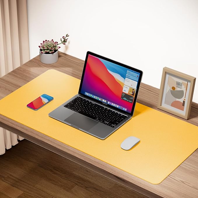 Boutilon Leather Desk Pad Protector,Non-Slip Mouse Pad,Laptop Desk Pad,Office Mouse Mat,Waterproof Leather Desk Blotter,Desk Writing Pad for Office and Home (M-Yellow,30"x14")