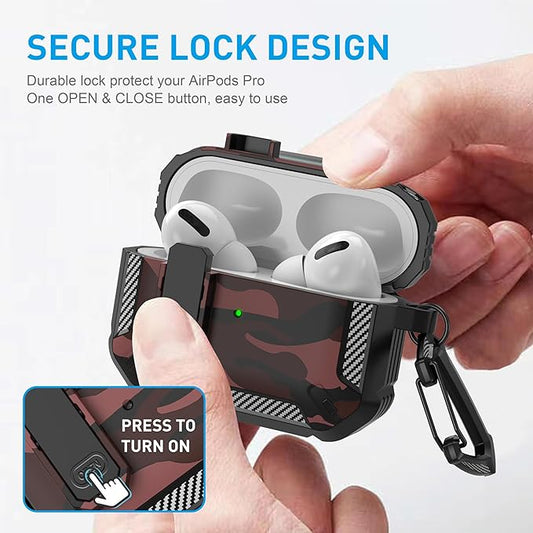 Maxjoy for AirPods Pro Case Cover with Lock, AirPods Pro 1st Generation Case for Men Military Rugged Protective Cover with Keychain Compatible with Apple AirPod Pros 2019 Front LED Visible, Red Camo