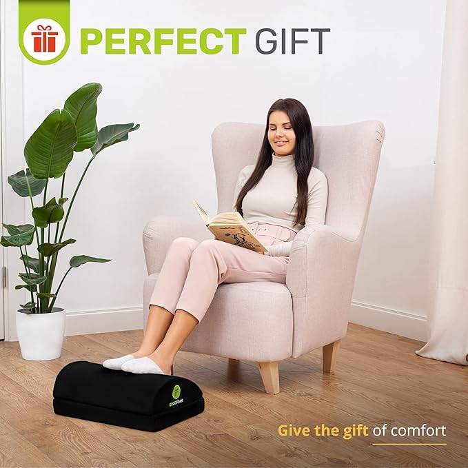 ErgoFoam Chiropractor-Endorsed Orthopedic Teardrop Design 2in1 Adjustable Under Desk Foot Rest for Lumbar Back Knee Pain (Black)