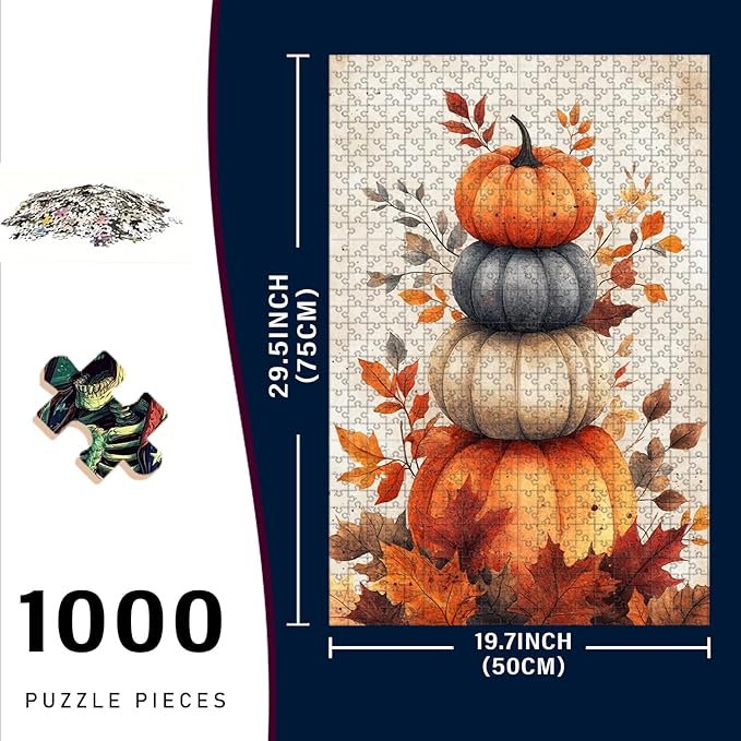 1000 Piece Wooden Fall Pumpkin Jigsaw Puzzle Adults & Kids Educational Family Game Stress Relief Brain Teaser to Improve Memory & Cognitive Skills 29.5x19.7 Inch