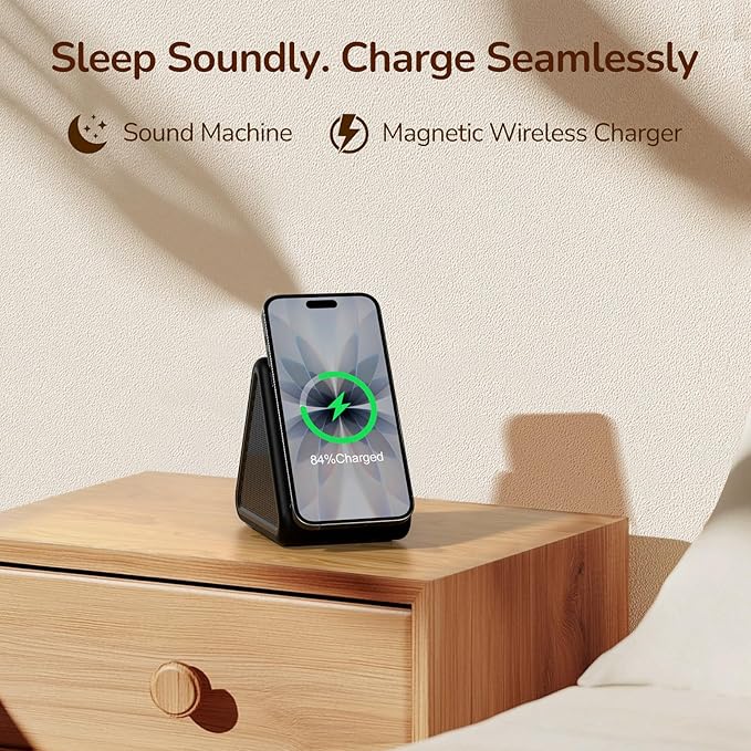 Housbay Sound Machine with Magnetic Wireless Charger for iPhone,2-in-1 Design for Clutter-Free Nightstand,Dual-Speaker Stereo Sound for Sleeping - Black