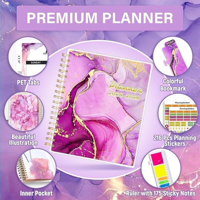 Planner 2025-2026, Large 18 Months Academic Daily Weekly Monthly Planner Yearly Agenda July. 2025–Dec. 2026, 7.9" x 9.8", Page Tabs, Separator Page, Pocket Folder, Bookmark, Stickers, Sticky Note Set