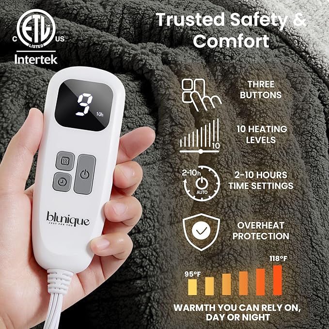 Electric Heated Blanket Throw 50x60 inches, Fast Heating w/ 10 Heat Settings & 2/4/8/10H Auto Timer, Double-Sided Sherpa, Ultra Soft & Cozy for Couch, Bed, Office, Machine Washable