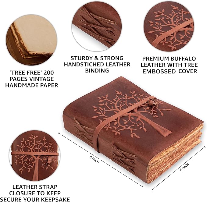 LEATHER VILLAGE Tree of Life Journal - 6 X 4 (A6) inches - Red Brown - 200 Antique Deckle Edge Handmade Paper – Book of Shadows - Vintage Leather Bound Journal for Women & Men