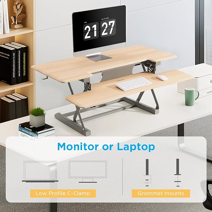 32" Electric Standing Desk Converter, Dyropcurv Series Height Adjustable Computer Desk Ergonomic Home Office Desk for Adults, Sit to Stand Desk with Quiet Motor, Light Wood