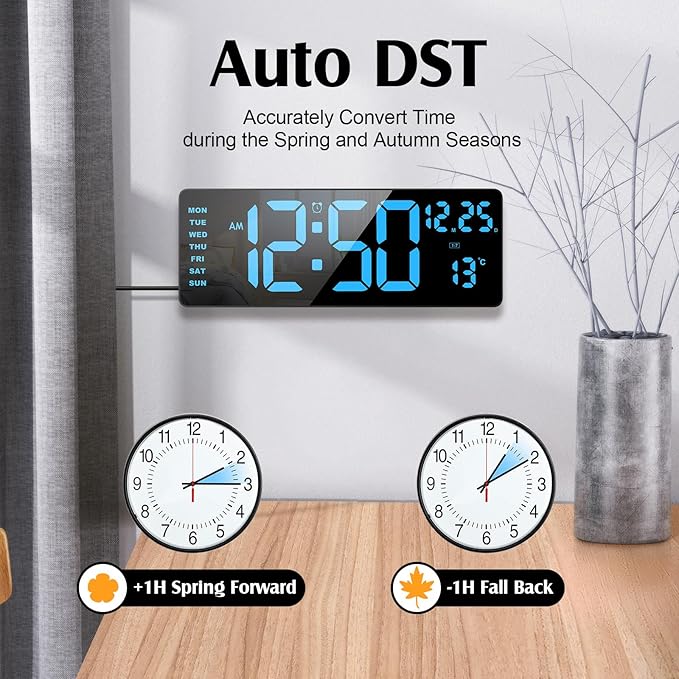 16.5" Digital Clock Large Display with Remote Control, 6-Color Night Light Digital Wall Clock with Dual Alarms, Temperature, Auto DST Large Digital Clock for Living Room, Bedroom, Desk, Mounted, Gift