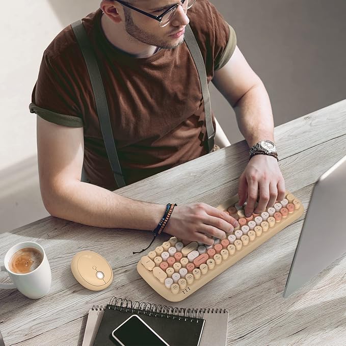 MOFII Wireless Keyboard and Mouse Combo, Retro Typewriter Keyboard with Multi-Media Function Keys and Number Pad Compared for PC Computer Windows 7 8 10 (Milk-Tea Colorful)
