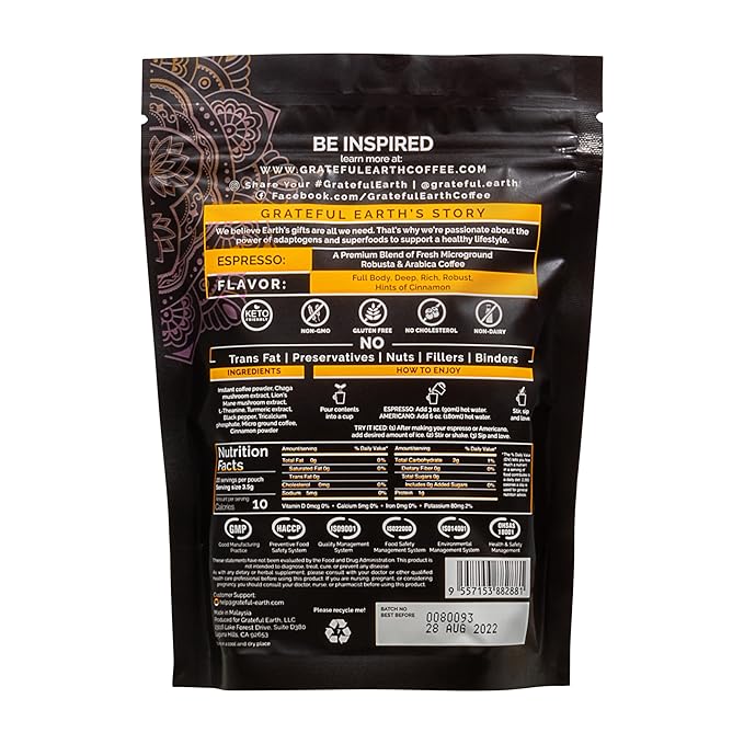 Grateful Earth Mushroom Coffee, Espresso Instant Coffee with Cinnamon, Turmeric, Lion’s Mane Mushrooms, L-Theanine, Chaga Super Brain Blend, Energy & Immune Support, Dairy & Gluten Free, 2 Bags, 40 Ct