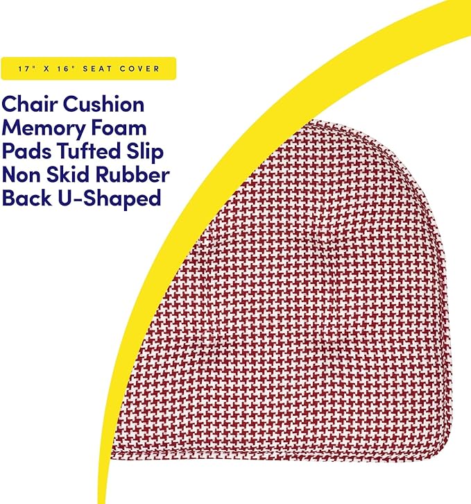 Sweet Home Collection Chair Cushion Memory Foam Pads Tufted Slip Non Skid Rubber Back U-Shaped 17" x 16" Seat Cover, 4 Count (Pack of 1), Houndsooth Red