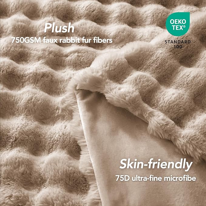 L'AGRATY Faux Fur Throw Blanket: 50" x 60" Luxury Soft Fluffy Rabbit Fur Blankets Twin for Couch Bed Sofa - Cozy Plush Bubble Blankets for Winter: Flannel Fleece Decorative Blanket(Light Linen)