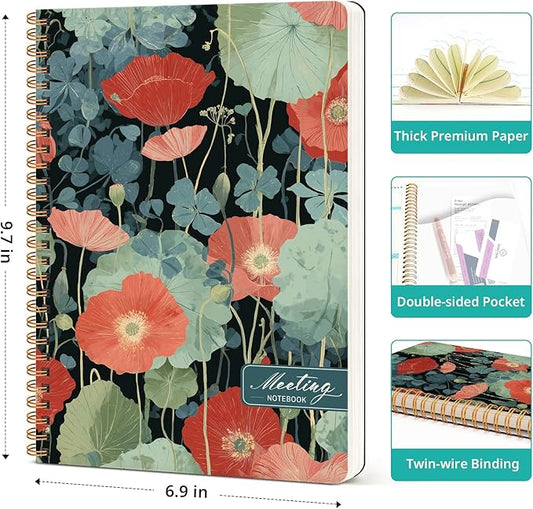 Meeting Notebook for Work Organization, Aesthetic Meeting Minutes Notebook for Work, Event Project Agenda Planner Organizer, Perfect for Office School Business Supplies, 6.9" X 9.7" - Poppy Garden