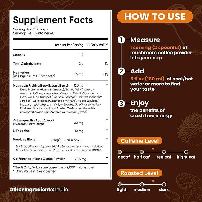 Venture Pal Mushroom Coffee with 12 Adaptogenic Functional Mushrooms with Ashwagandha, Lion's Mane, Chaga and Probiotics, 1200mg Mushrooms Instant Coffee for Focus, Digestion & Immunity - 40 Servings