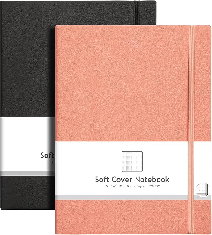 AHGXG Bullet Dotted Journal 2 Pack - B5 Large Journal Dot Grid Notebook (7.6'' X 10'') with Thick 120gsm Dot Paper, Soft Leather Cover, Total 384 Pages, Inner Pocket - BlackPink