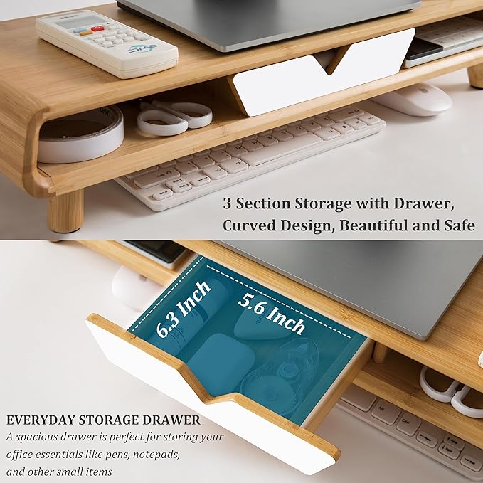 Homerays Monitor Stand with Drawer, Exquisite Computer Monitor Stand for Desk, Ergonomic Wood Monitor Stand Riser for Computer,Laptop,Printer,TV,Bamboo,White