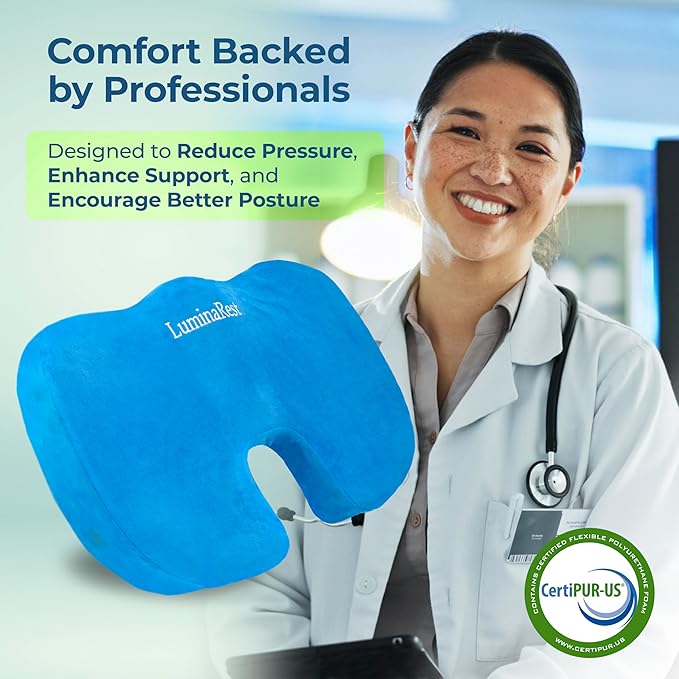LuminaRest® Gel Seat Cushion for Long Sitting – CertiPUR-US® Certified Memory Foam – Tailbone Pain Relief Cushion, Adaptable for Office, Car, Airplane & Wheelchair – (Blue)