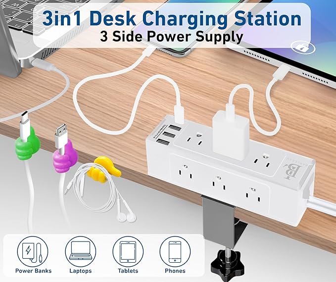 Desk Clamp Power Strip with USB C (20W PD) & USB A, 9 AC Outlets, Surge Protector, Flat Plug, 6.5ft Extension Cord – Desk Mount Power Station with Cable Management Kit for Home & Office– White
