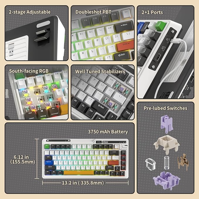 K75 PRO RGB 75% Wireless Gasket Mechanical Keyboard, Triple Mode BT 5.0/2.4G/USB-C 82 Keys Hot Swappable Gaming Keyboard w/Knob & Power Display, Custom Linear Switches, Black White