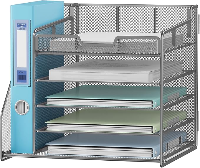 Lavatino 5-Tier Metal Mesh Desk Organizer with File Holder & 7 Customizable Compartments | Paper Letter Tray for Office or Home Desk Storage | Keep Workspace Supplies Neat & Organized, Silver