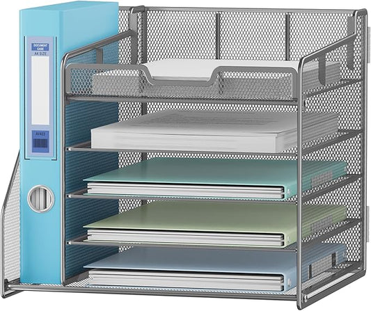 Lavatino 5-Tier Metal Mesh Desk Organizer with File Holder & 7 Customizable Compartments | Paper Letter Tray for Office or Home Desk Storage | Keep Workspace Supplies Neat & Organized, Silver