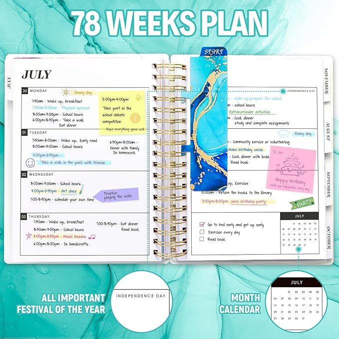 Planner 2025-2026, Large 18 Months Academic Daily Weekly Monthly Planner Yearly Agenda July. 2025–Dec. 2026, 7.9" x 9.8", Page Tabs, Separator Page, Pocket Folder, Bookmark, Stickers, Sticky Note Set