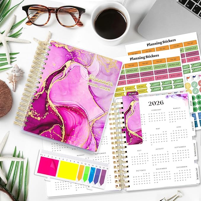 Planner 2025-2026, Large 18 Months Academic Daily Weekly Monthly Planner Yearly Agenda July. 2025–Dec. 2026, 7.9" x 9.8", Page Tabs, Separator Page, Pocket Folder, Bookmark, Stickers, Sticky Note Set