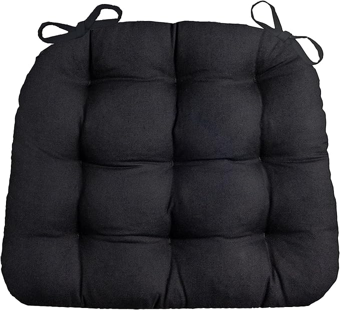 Barnett Home Decor Cotton Duck Black Dining Chair Pad with Ties - 15 x 17 Size Small Chair Cushion - Latex Foam Fill - Machine Washable, Reversible, Solid Color, 100% Cotton, Made in USA