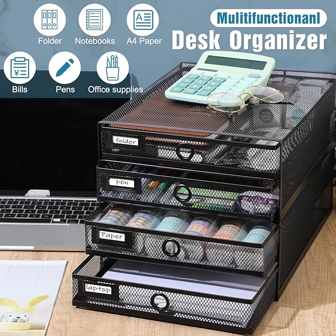Zhanmai 2 Pack Desk Organizer with Drawer Total 4 Tiers, Wire Mesh Organizers Tray Multifunctional Paper Sorter File Stand for Home Office Supplies Storage Letter A4 Paper Office Accessories (Black)