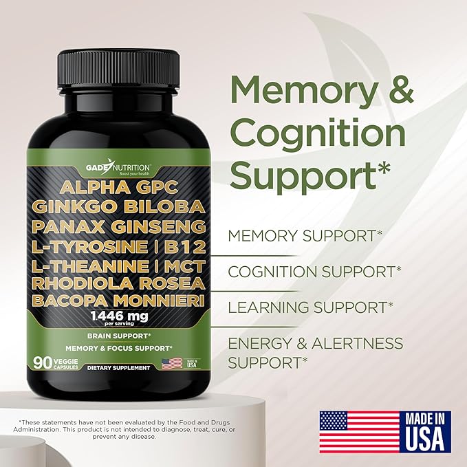 Gade Nutrition Alpha GPC + Ginkgo Biloba + Panax Ginseng + L- Tyrosine, L-Theanine, Bocopa Monnieri, Rhodiola Rosea, B12, MCT