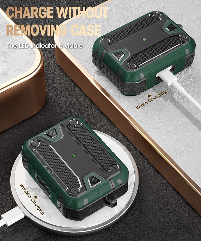 Koaichi Compatible with AirPods Pro(2nd Generation/1st Generation), Full-Body Rugged Hard Shell Protective Case Cover with Keychain Designed for AirPods Pro (2022/2019), Black/Green