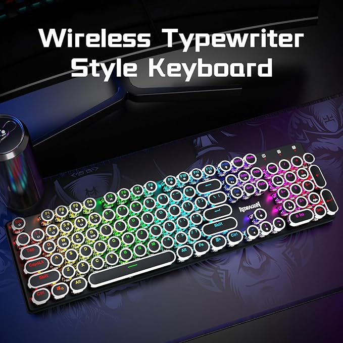 Redragon K710 Wireless Typewriter Style Mechanical Gaming Keyboard, Bluetooth/2.4Ghz/Wired, RGB Backlit, Rechargeable, Blue Switch - Clicky, Metal Panel, Round Keycaps, Black