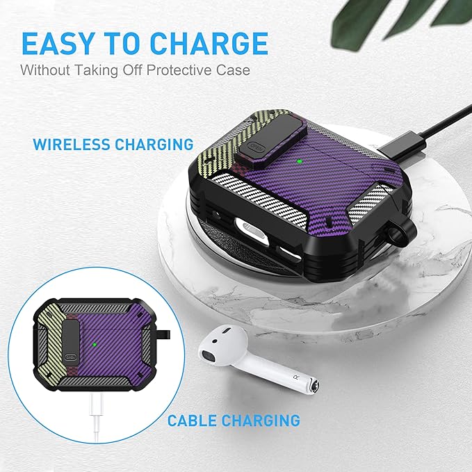 Maxjoy AirPods Pro 2nd/1st Generation Case Cover with Lock, AirPods Pro 2 Protective Case with Keychain Compatible with Apple AirPod Pro2 2023 USB C 2022 Lightning Cable/ Pro1 2019,Carbon Fiber Purple