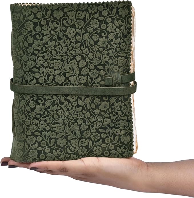 LEATHER VILLAGE Leather Bound Floral Embossed Journal for Women Men - 200 Pages, 10X7 Inches, Aqua - Book of Shadows, Vintage Blank Paper Travel Diary, Notebook for Writing, Drawing, Sketchbook