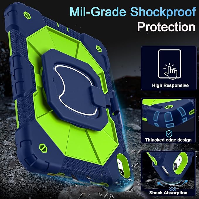 Case for iPad (A16) 11th/10th Generation 2025/2022,Heavy Duty Shockproof 10th Generation iPad Case with 360° Rotating Stand Screen Protector for i Pad 11.0/10.9 Inch Cover,Navy Green