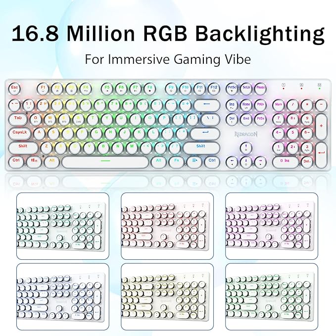 Redragon K710 Wireless Typewriter Mechanical Gaming Keyboard, Bluetooth/2.4Ghz/Wired, RGB Backlit, Blue Switch - Clicky, Rechargeable, Metal Panel, Round Keycaps, White