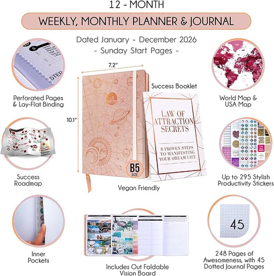 2026 Planner Weekly and Monthly | Law of Attraction Planner with Panduo App | A 12 Month Journey for Productivity, Gratitude & Goal Setting | Includes Foldable Vision Board, Gift Box & Stickers