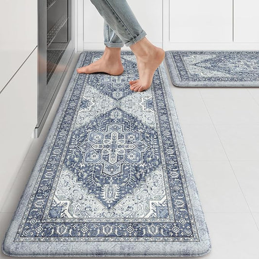KIMODE Anti Fatigue Kitchen Mat, Cushioned Kitchen Mats for Floor 2 Piece, Boho Vintage Kitchen Rugs, Comfort Foam Standing Desk Mat for Laundry, Office, Sink Navy Blue 17"x47"+17"x29"