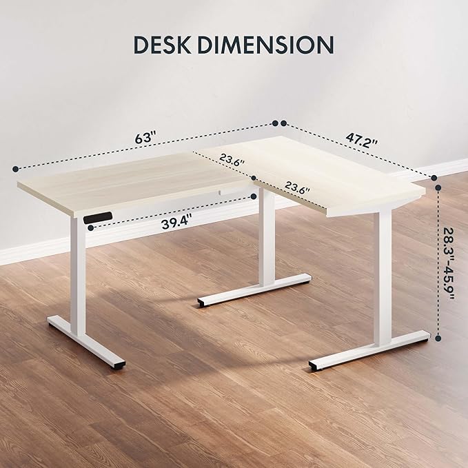 SANODESK L Shaped Standing Desk Adjustable Height, Electric Corner Standing Desk, 63 x 48 inch Sit Stand Computer Table with Splice Board, Maple