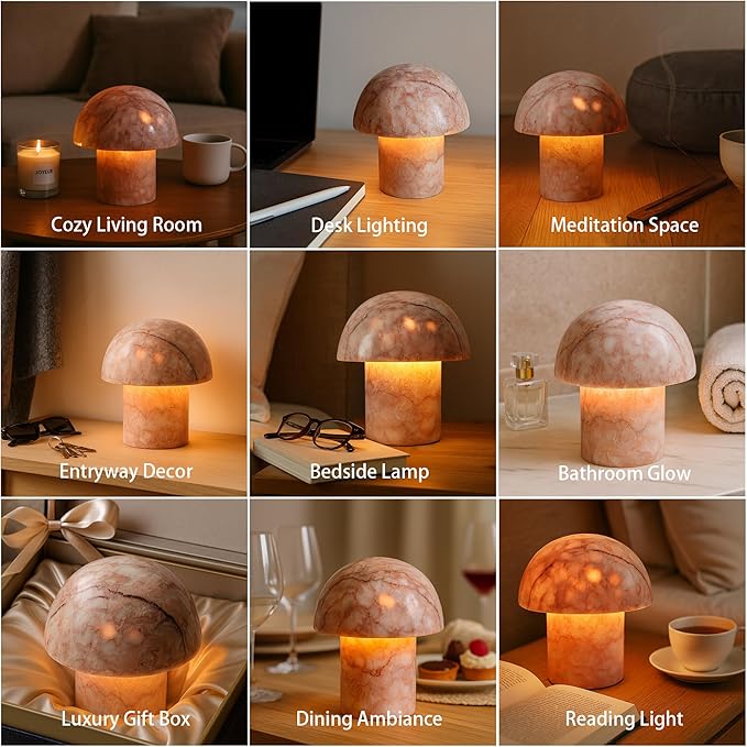 Marble Mushroom Table Lamp - Small Rechargeable USB-C Cordless Touch-Dimmable Night Light, Hand-Polished Natural Stone, 4.3"x4.7"