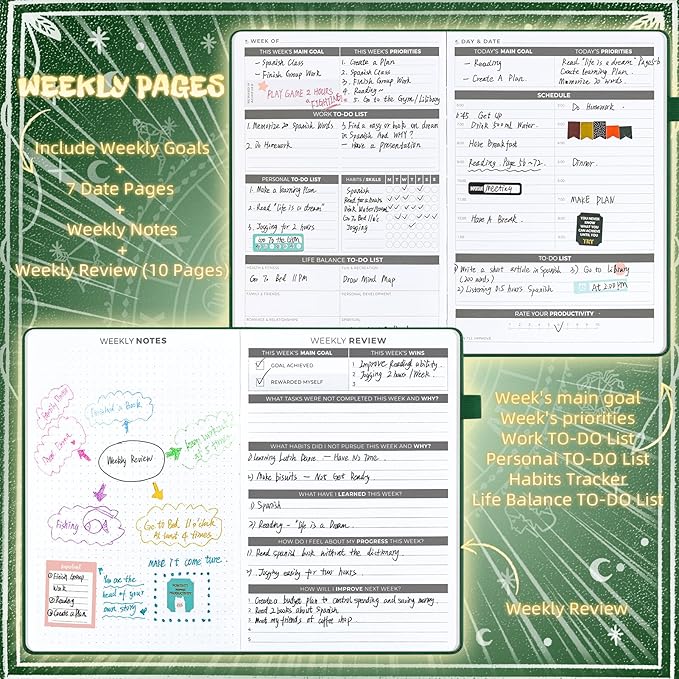 2025 Undated Academic Planner Hardcover (5.5x8.5") - Flexible Weekly & Monthly Organizer with Stickers, Productivity Journal for Students & Professionals(Dark Green)