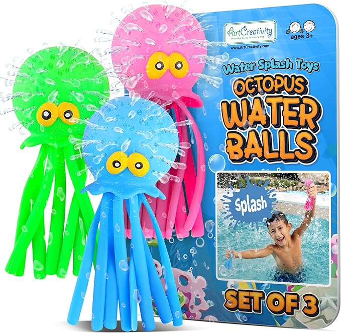 ArtCreativity Octopus Water Balls (Pack of 3), Pool Toys for Toddlers 1-3, Sensory Stress Relief Toy for Kids, Beach Water Toys & Swimming Toy for Toddlers, Cute Goodie Bag Fillers for Boys & Girls
