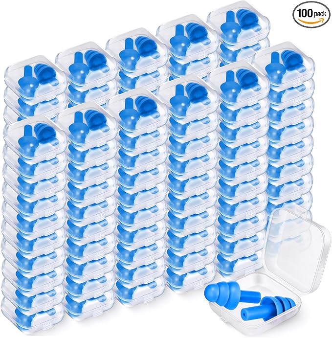 TrelaCo 100 Pairs Ear Plugs Bulk, NRR 29dB Reusable Silicone Ear Plugs with Plastic Cases Soft Foam for Sleeping Noise Cancelling for Concerts Shooting Swimming Noise Reduction(Blue)